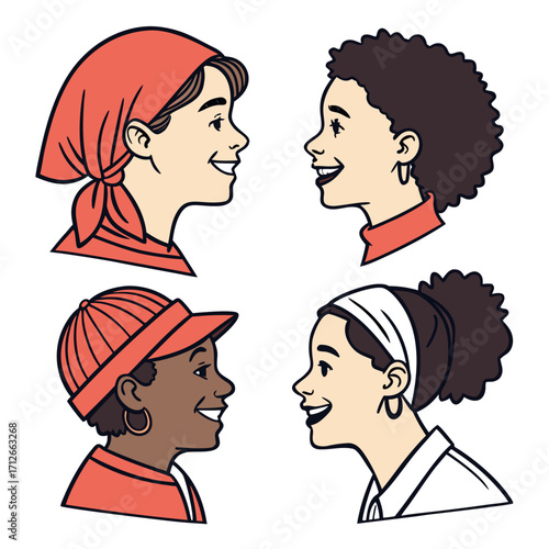 Diverse group of four young women smiling and looking at each other in profile view representing friendship connection and unity with varied skin tones and hairstyles