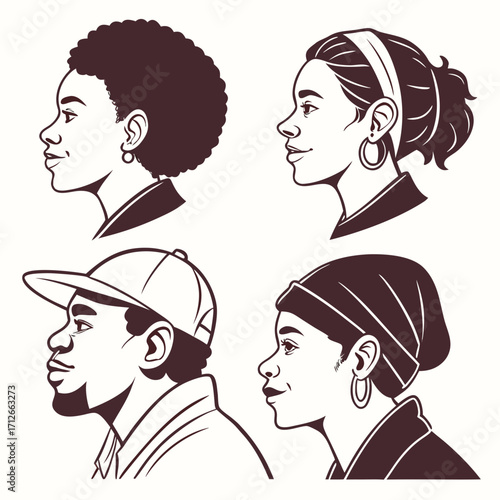 Diverse group of four young black men and women depicted in profile with distinct hairstyles and accessories representing individuality and cultural expression in a stylized graphic illustration