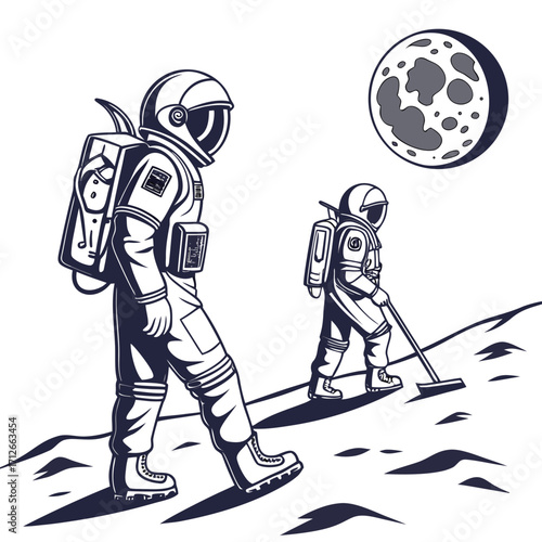 Two astronauts in spacesuits explore the lunar surface with the moon visible in the background one astronaut walks forward and the other uses a tool