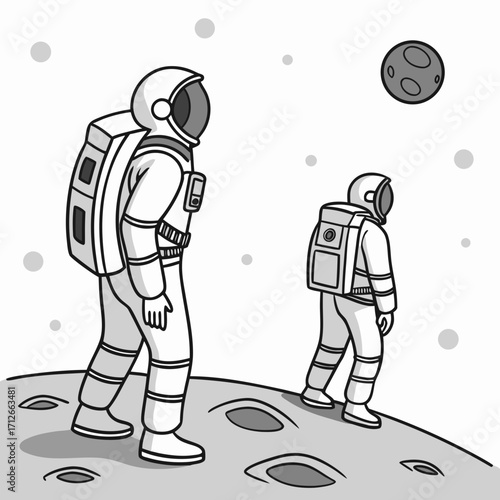 Two astronauts in protective suits walk across the surface of the moon with craters and a distant moon in the background illustrating space exploration and discovery