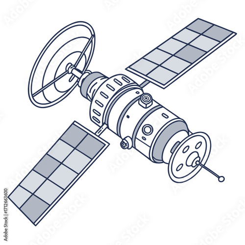 An illustrative line art drawing of a modern satellite with solar panels and a communication dish isolated on a white background representing space exploration and technology