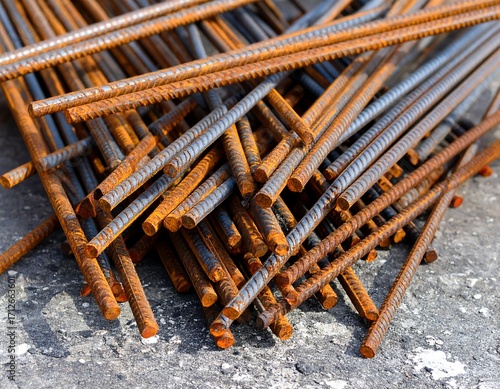 Rusty steel reinforcing bars on concrete