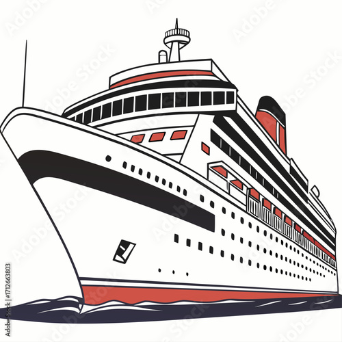 A sleek modern cruise ship with white hull and black and red accents sails gracefully through calm blue waters under a clear white sky