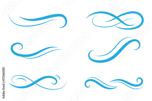 Wind line air swirl smoke vector icon set. Hand drawn doodle wind motion, air blow, swirl doodle elements. Sketch drawn air blow motion, smoke flow wave, abstract line. Vector illustration Print