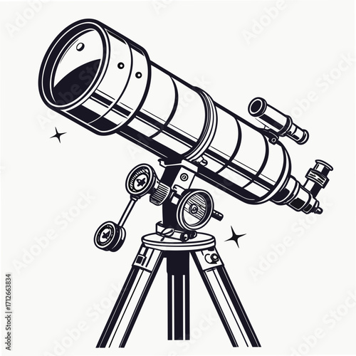 A detailed black and white illustration of a classic refracting telescope mounted on a sturdy tripod ready to explore the cosmos
