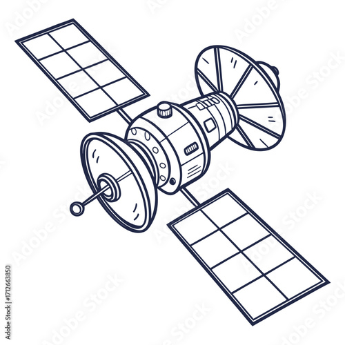 A detailed line drawing of a modern satellite with solar panels and a dish antenna isolated on a white background representing space exploration and technology
