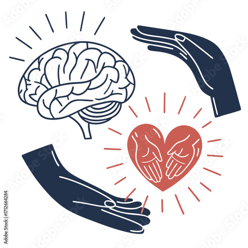 Conceptual illustration representing the interconnectedness of mental health emotional well being and compassionate care with a brain heart and supportive hands in a harmonious composition