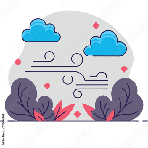 Flat-style windy day illustration with clouds and plants