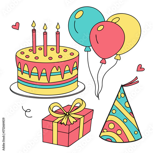 A vibrant and cheerful collection of birthday celebration elements including a multi layered cake with lit candles festive balloons a wrapped gift box and a party hat all in a playful hand drawn style