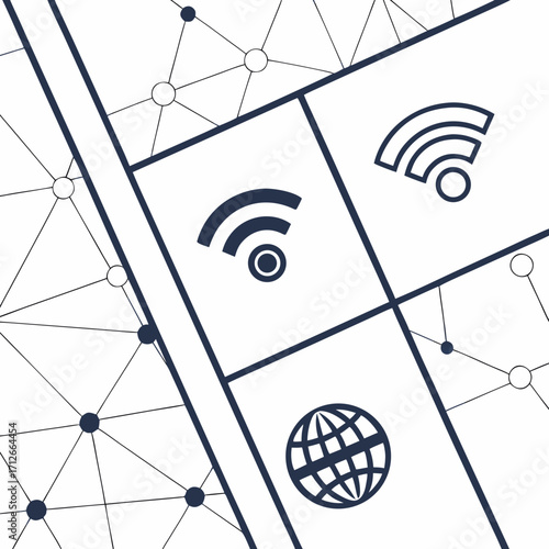 Abstract digital network concept with interconnected nodes and lines forming a geometric pattern featuring wi fi and globe icons symbolizing connectivity and global communication technology