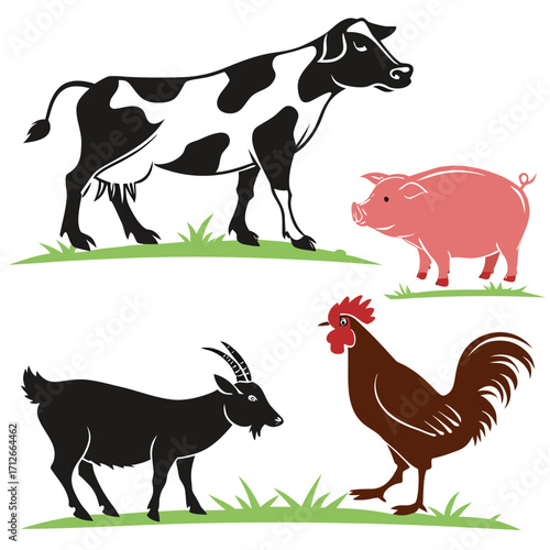 A charming collection of farm animals including a black and white cow a pink pig a black goat and a brown rooster standing on green grass against a white background