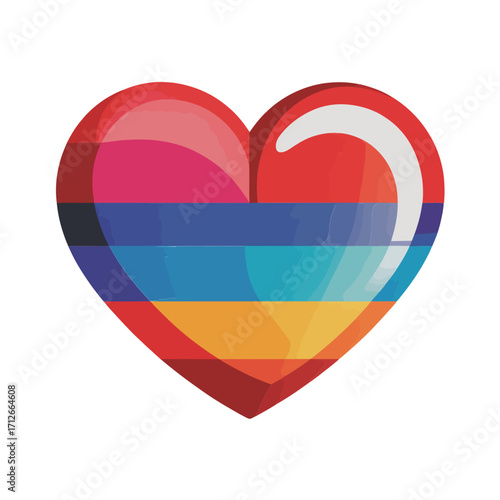 Rainbow pride heart, glossy layered stripes, inclusive love symbol, vector clipart, sticker, social media graphic, equality celebration design
