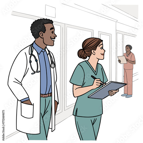 Diverse medical professionals in a hospital hallway a doctor and nurse collaborate while another medical worker reviews documents in the background illustrating teamwork and healthcare