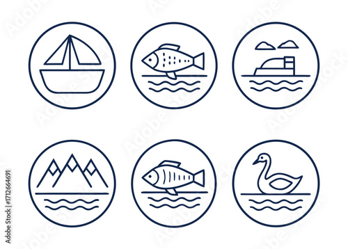 Collection of circular line art icons featuring nautical wildlife and landscapes