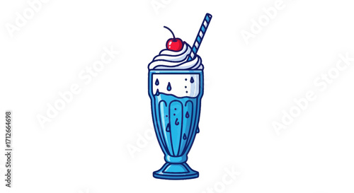Blue milkshake with whipped cream and a cherry.
