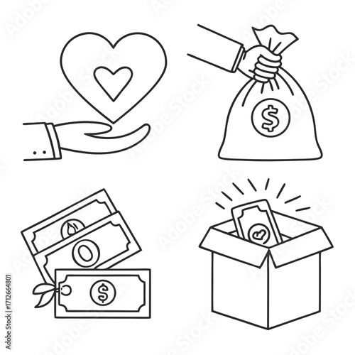A collection of simple line art icons representing financial concepts such as charity giving saving money and donations for fundraising or financial planning