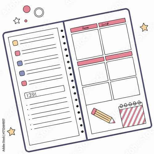 A cute doodle style open planner with a to do list on the left page and a weekly schedule layout on the right page with decorative elements like stars and circles