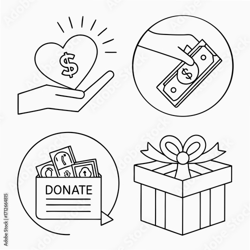 A set of four simple line art icons representing charity and giving including a hand holding a heart with a dollar sign a hand giving money a donation box filled with cash and a gift box with a bow