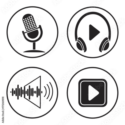 A collection of four circular icons representing audio and media elements including a microphone for recording headphones for listening a speaker with sound waves and a play button for video playback