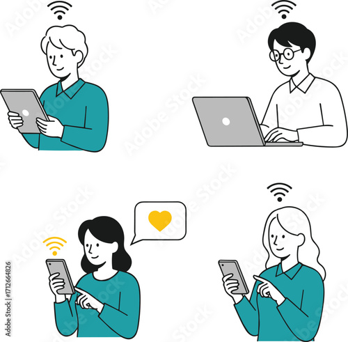 Cartoon characters using devices, tablet, laptop, smartphone, wireless signal icons, internet connection, communication, social media, technology, online activity, flat design, vector illustration