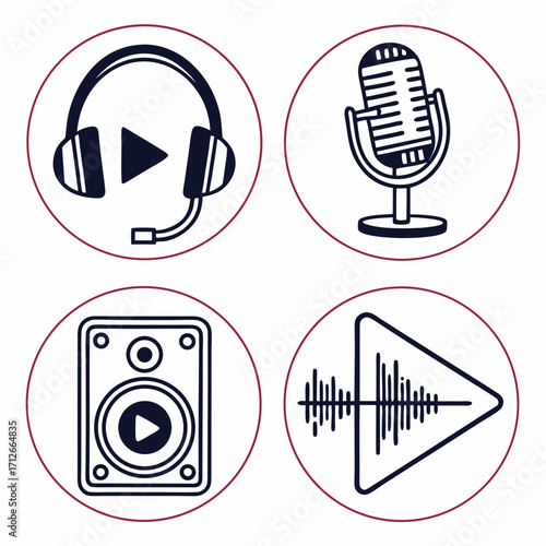 Set of four circular icons representing audio and sound concepts including headphones with a play button microphone speaker and sound wave with play button
