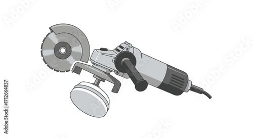 Monochrome illustration of an electric angle grinder with attachments.