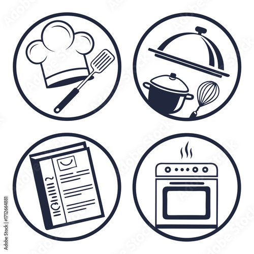 A collection of four circular icons representing culinary themes including a chef s hat and spatula a pot with a cloche and whisk a recipe book and a steaming oven