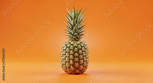 Single ripe pineapple on orange background.