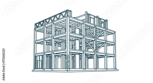 Technical Illustration of a Buildings Structural Steel Framework.