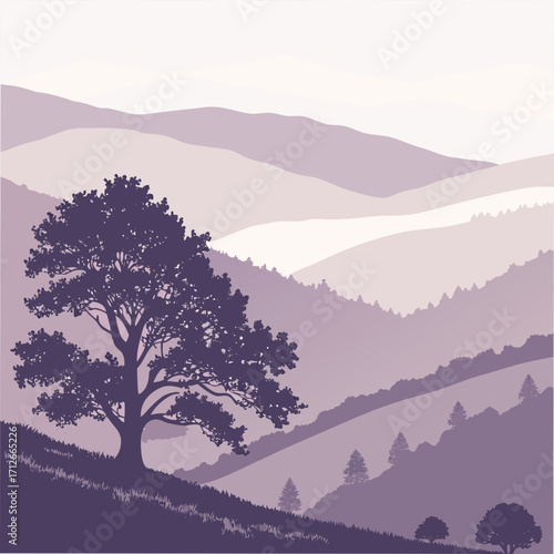 Serene purple mountain landscape with a silhouetted tree in the foreground and rolling hills fading into the distance under a soft sky