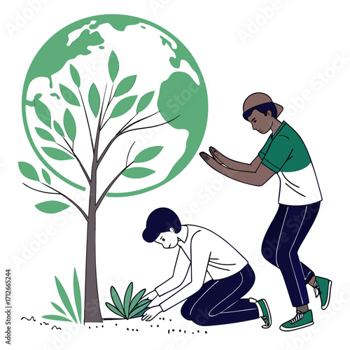 Two diverse young people working together to plant a tree in front of a stylized globe symbolizing environmental protection and sustainability efforts for a greener planet