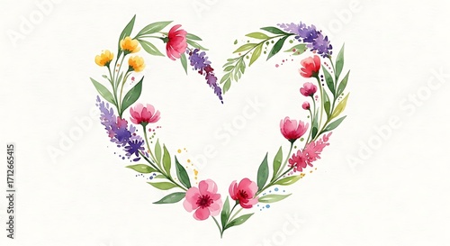 Watercolor Floral Heart Wreath Design.