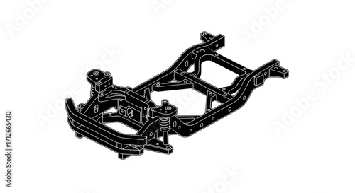 Isometric technical illustration of an automobile chassis frame.