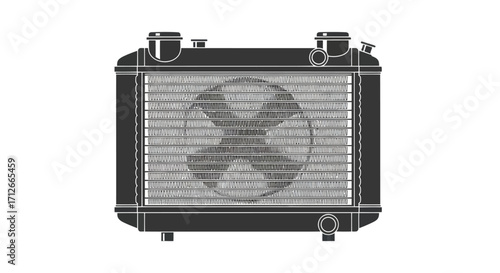Monochrome illustration of a car engine cooling radiator.