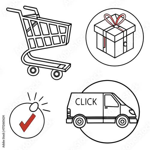 A set of four simple line art icons representing online shopping elements including a shopping cart a gift box a checkmark and a delivery van with the word click