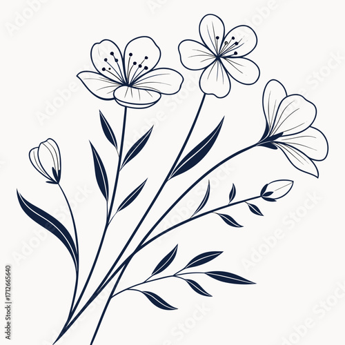 Elegant dark blue outline drawing of a delicate floral bouquet featuring blooming flowers and unopened buds with slender stems and leaves against a soft cream background