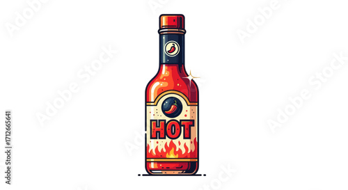 Vibrant red bottle of spicy hot sauce with a fiery label.