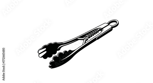 Isolated kitchen tongs in a bold black and white illustration.