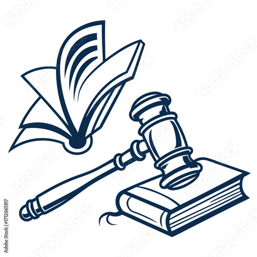 Symbolic graphic representation of justice and legal knowledge with a gavel resting on a book and an open book symbolizing education and jurisprudence