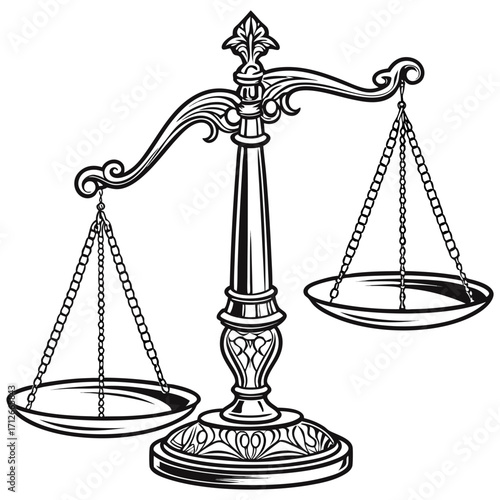 An elegant black and white illustration of a vintage justice scale with ornate detailing on its base and column symbolizing fairness and legal judgment