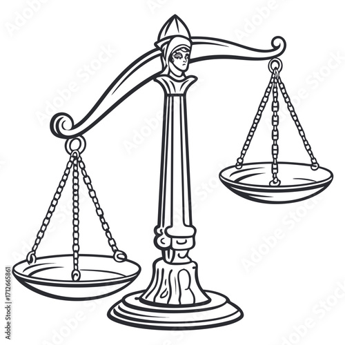 A classic black and white line art illustration of a justice scale with ornate detailing and a stylized human head at the center representing fairness and balance in legal matters
