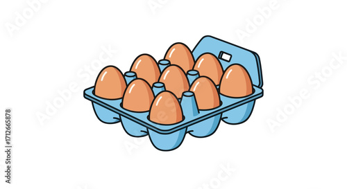 Cartoon illustration of ten brown eggs in a blue carton.