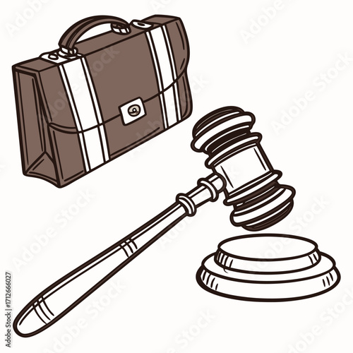 A stylized illustration of a brown briefcase and a wooden judge s gavel resting on its block symbolizing justice law legal proceedings and professional legal services