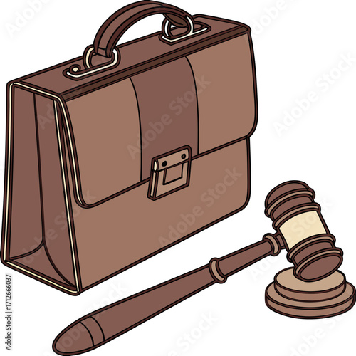 A brown leather briefcase and a wooden gavel are depicted in a simple illustration representing law justice and legal proceedings