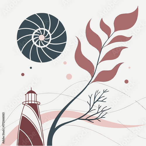 A minimalist abstract illustration featuring a stylized nautilus shell a lighthouse and a flowing branch with leaves set against a soft neutral background with subtle wavy lines and scattered dots