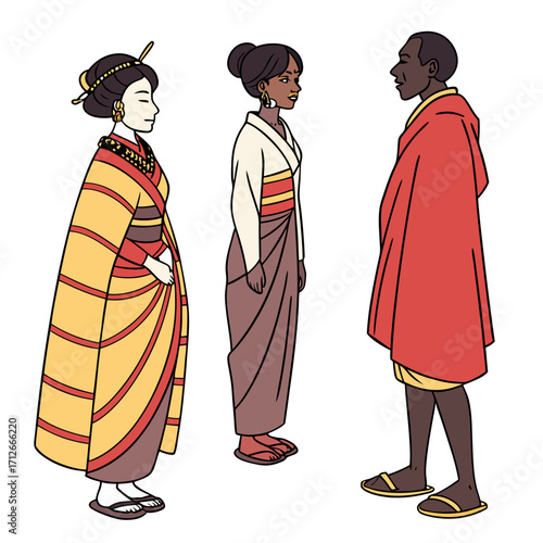 Diverse individuals in traditional cultural attire representing different ethnicities and origins standing together in a group illustration with a white background