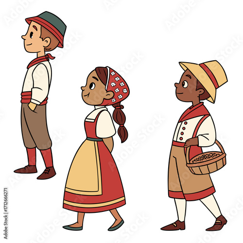 Three diverse cartoon children in traditional folk costumes walking together representing cultural heritage and unity with a boy carrying a basket of goods and a girl with a braided hairstyle