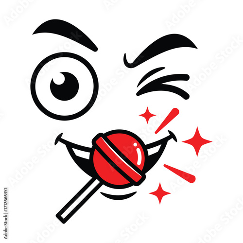 Funny cartoon face with lollipop winking playful expression sparkles sweet treat joyful mood