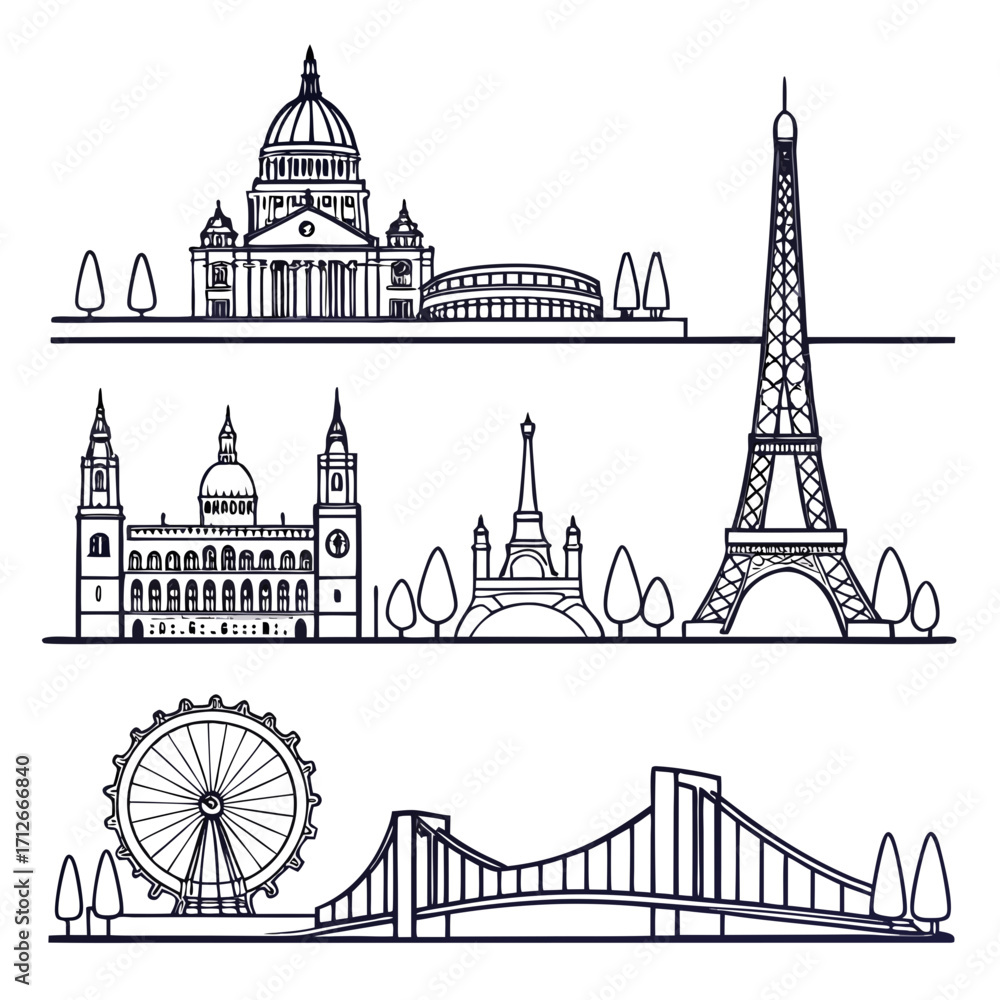 Obraz premium Collection of iconic european city landmarks and architectural styles including famous buildings bridges and ferris wheel in a clean line art illustration style