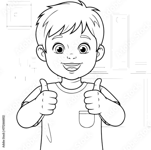 A happy young boy with short, spiky hair gives two thumbs up with a wide smile.